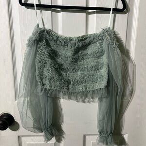 Green Smocked Off-Shoulder Top with Sheer Sleeves